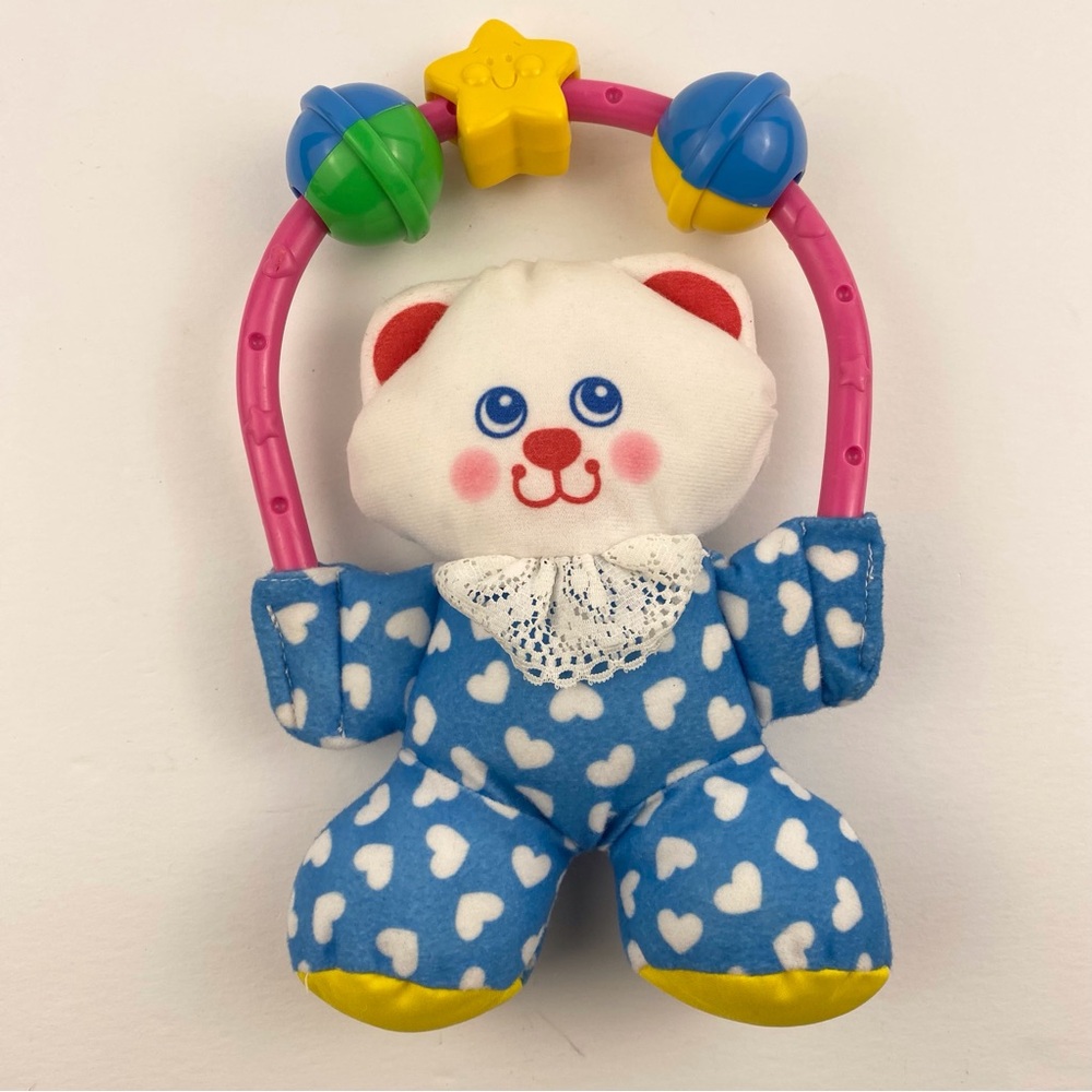Vintage Fisher Price Juggling Bear Baby Toy Rattle 6 x 9 in Plush Blue White